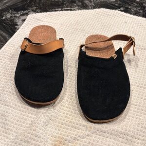 Reef Black Suede Clogs with Tan Buckle Strap